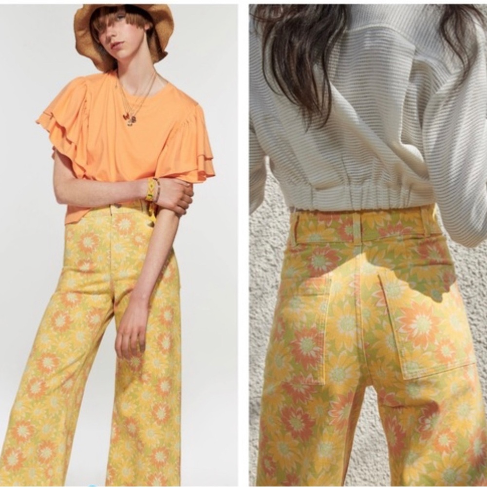 Zara Yellow Floral Wide-Leg Jeans